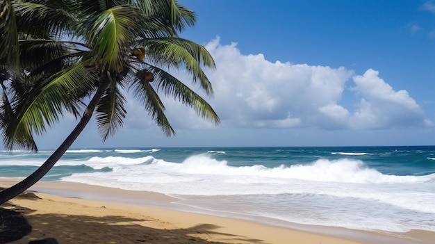 Uma praia com palmeiras e o mar ao fundo