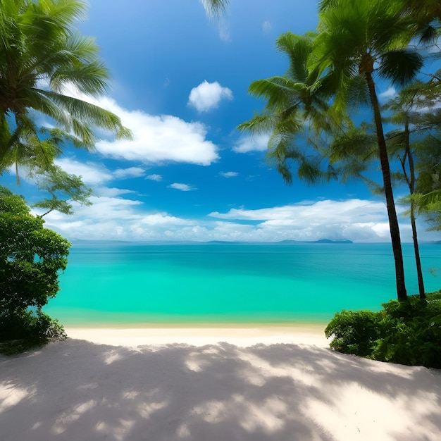 Uma praia com palmeiras e o mar ao fundo