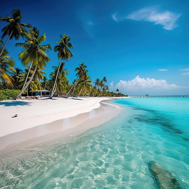 Uma praia com palmeiras e o mar ao fundo