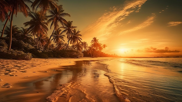 Uma praia com palmeiras e o pôr do sol