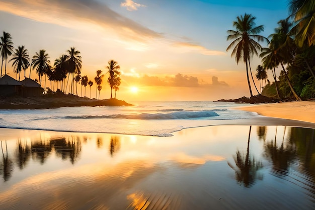 Uma praia com palmeiras e o pôr do sol