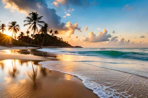 Uma praia com palmeiras e o pôr do sol