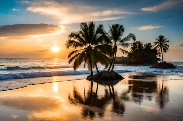 Uma praia com palmeiras e o pôr do sol