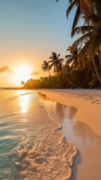 Uma praia com palmeiras e o pôr do sol