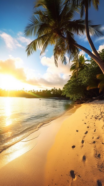 Uma praia com palmeiras e o pôr do sol