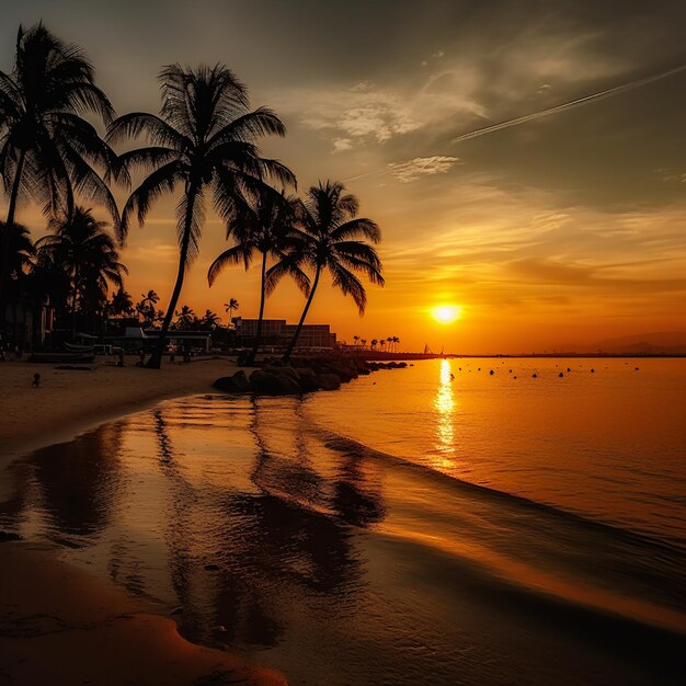 Uma praia com palmeiras e o pôr-do-sol