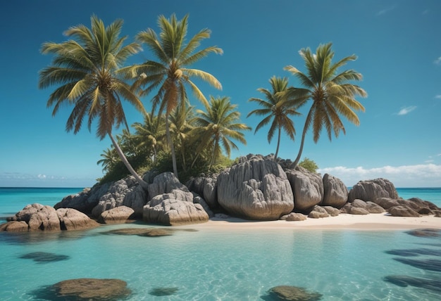 Foto uma praia com palmeiras e rochas na água