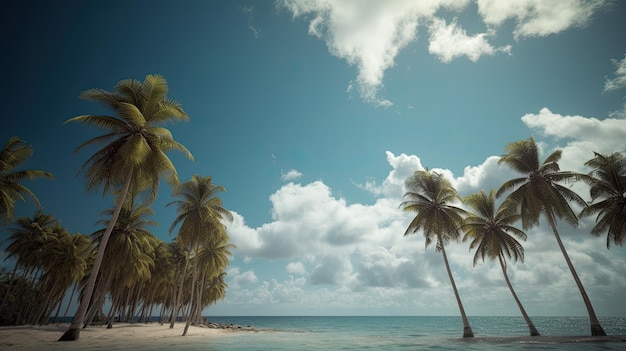 Uma praia com palmeiras e um céu azul com nuvens