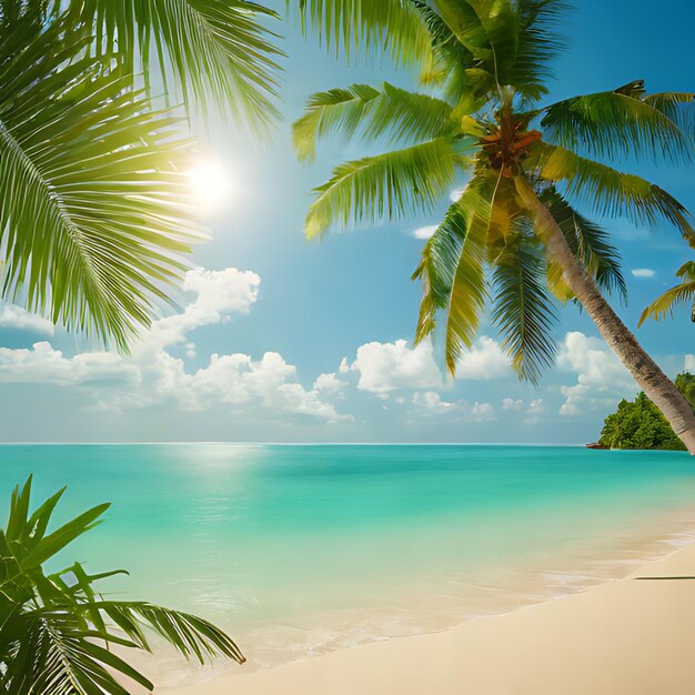 Foto uma praia com palmeiras e um céu azul com o sol brilhando através das nuvens
