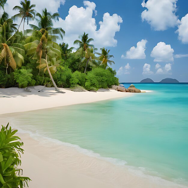 uma praia com palmeiras e um céu azul com uma praia ao fundo