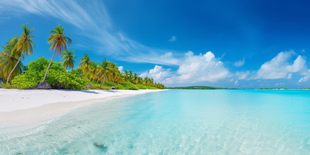 Uma praia com palmeiras e um céu azul