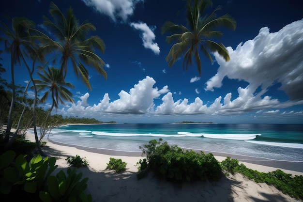 Uma praia com palmeiras e um céu azul