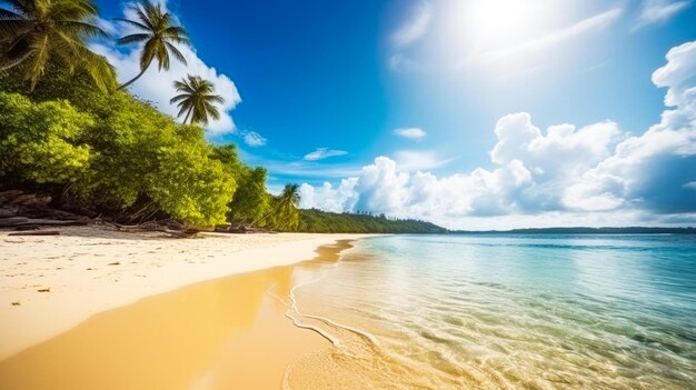 Uma praia com palmeiras e um céu azul