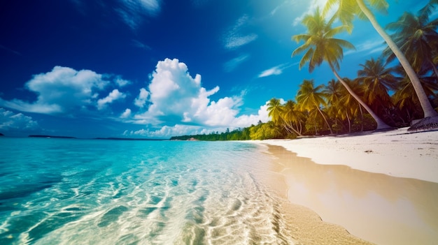 Uma praia com palmeiras e um céu azul