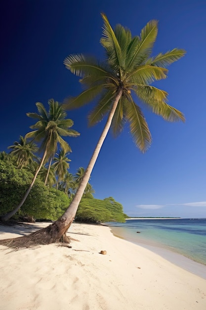 Uma praia com palmeiras e um céu azul