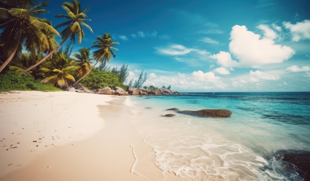 Uma praia com palmeiras e um céu azul