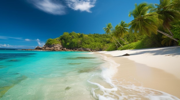 Uma praia com palmeiras e um céu azul