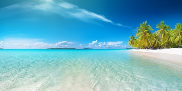 Uma praia com palmeiras e um céu azul