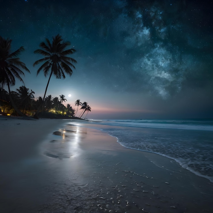 Foto uma praia com palmeiras e um céu noturno com uma palmeira em primeiro plano