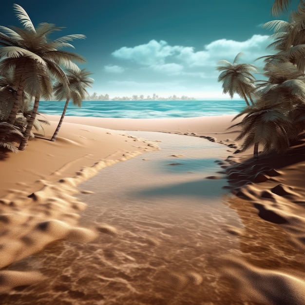 Uma praia com palmeiras e um céu nublado
