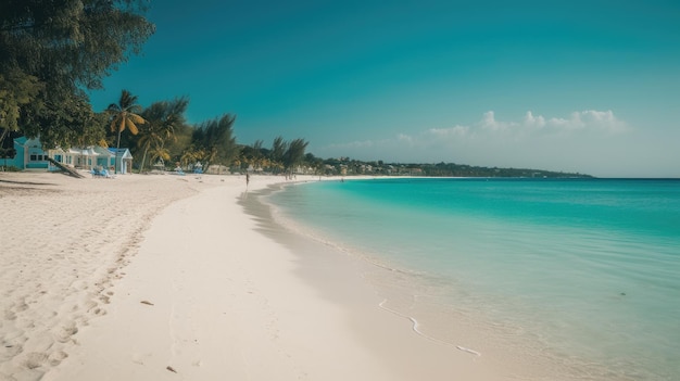 Uma praia com palmeiras e um oceano azul ao fundo