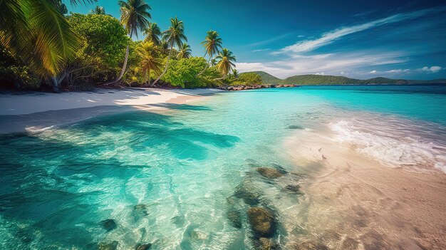 Uma praia com palmeiras e um oceano azul