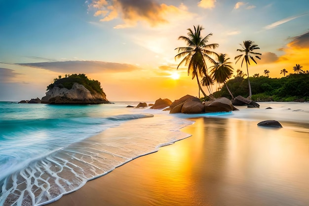 Uma praia com palmeiras e um pôr do sol ao fundo.