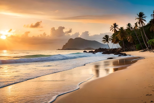 Uma praia com palmeiras e um pôr do sol ao fundo