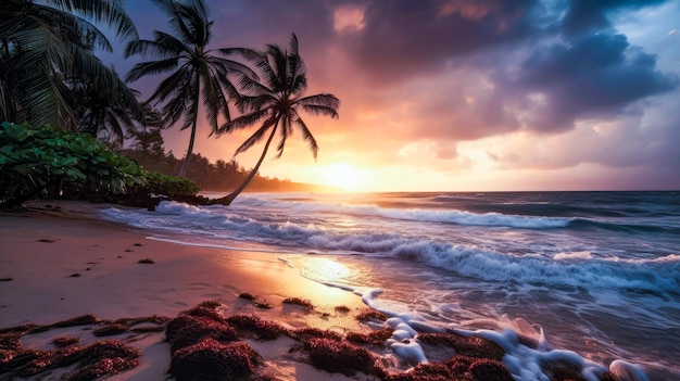 Uma praia com palmeiras e um pôr do sol