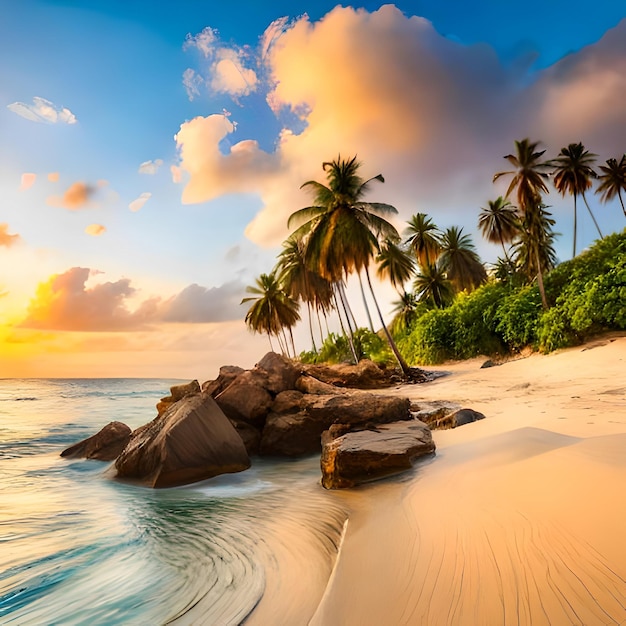 Uma praia com palmeiras e um pôr do sol