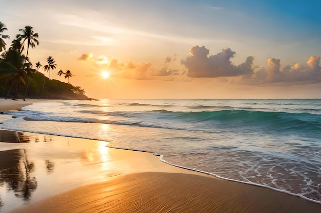 Uma praia com palmeiras e um pôr do sol