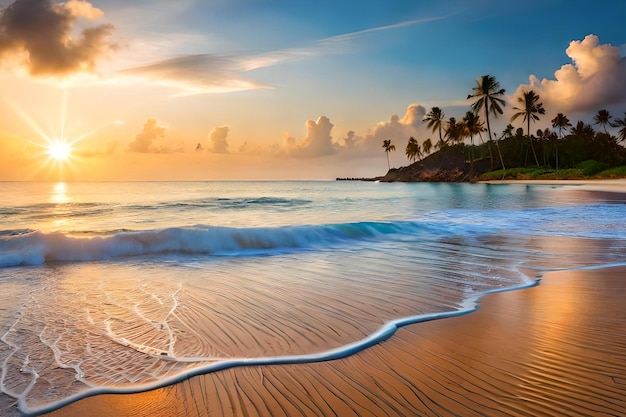 Uma praia com palmeiras e um pôr do sol