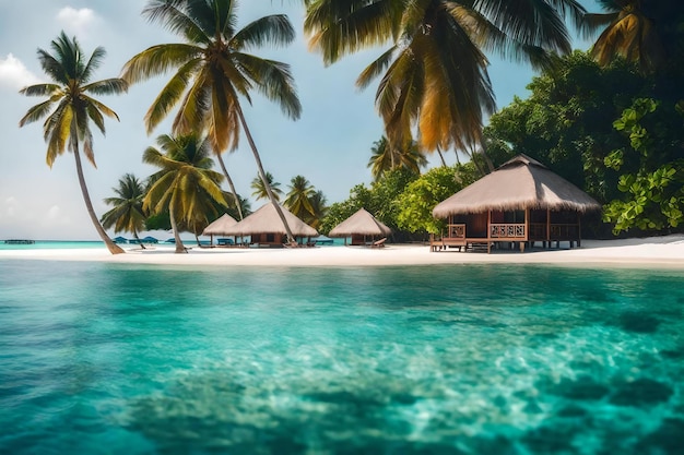 Uma praia com palmeiras e uma cabana de praia