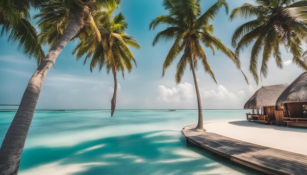uma praia com palmeiras e uma doca na água