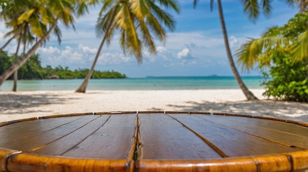 uma praia com palmeiras e uma mesa de madeira na praia