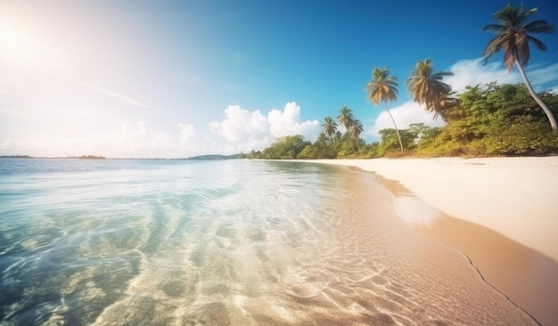 Uma praia com palmeiras e uma praia ao fundo