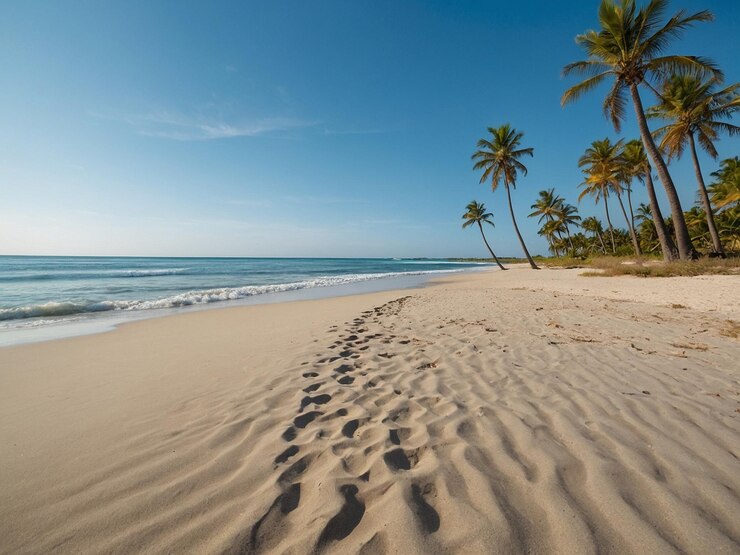 Foto uma praia com palmeiras e uma praia com uma pessoa na água