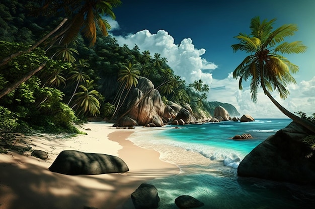 Uma praia com palmeiras e uma praia