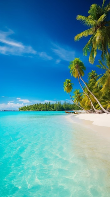 Uma praia com palmeiras em primeiro plano e um céu azul com a palavra cocos.