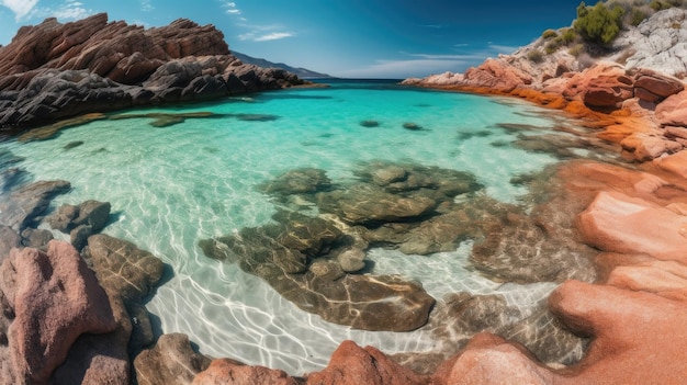 Uma praia com pedras e água em primeiro plano e um céu azul ao fundo.