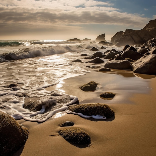 Uma praia com pedras e água