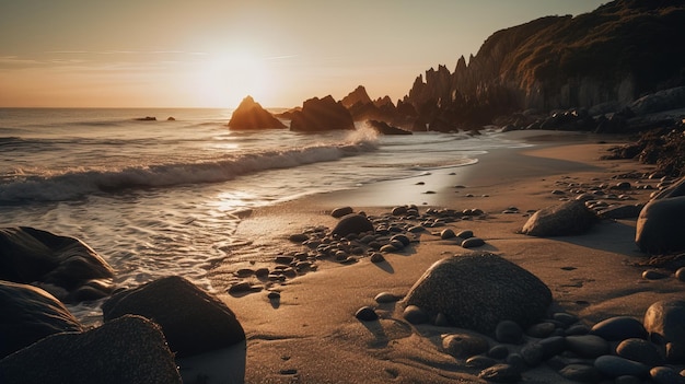 Uma praia com pedras e um pôr do sol ao fundo