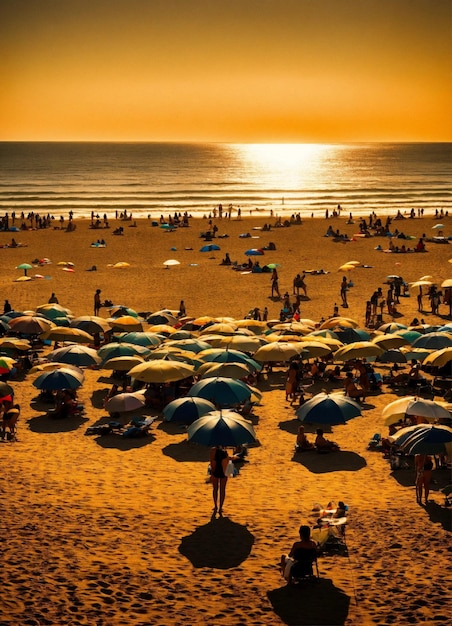 uma praia com pessoas e guarda-chuvas e uma cena de praia com o sol a pôr-se atrás deles