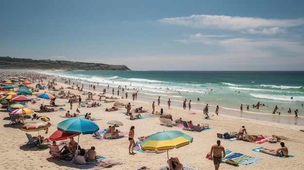 Uma praia com pessoas e um guarda-chuva azul e amarelo