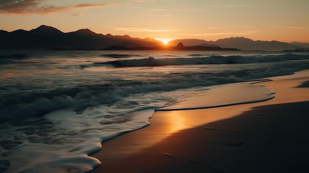 Uma praia com pôr do sol ao fundo