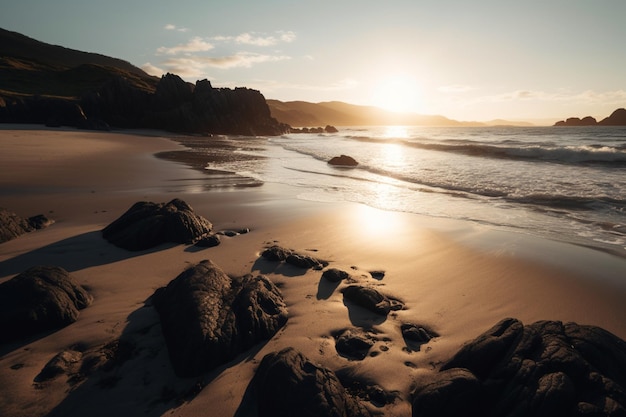 Uma praia com pôr do sol ao fundo