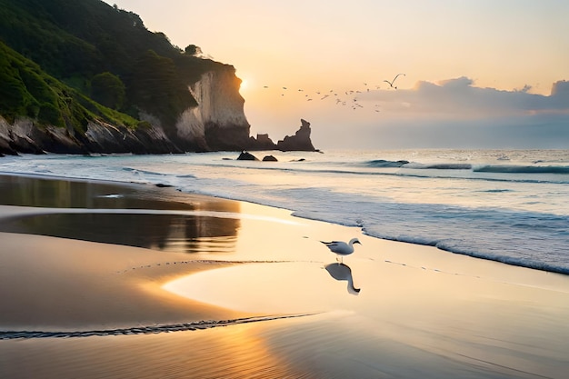 Uma praia com pôr do sol ao fundo