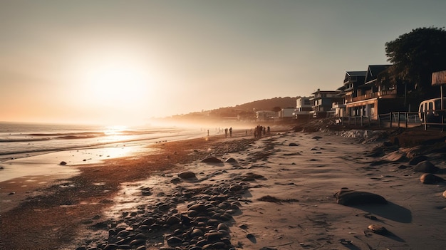 Uma praia com pôr do sol ao fundo