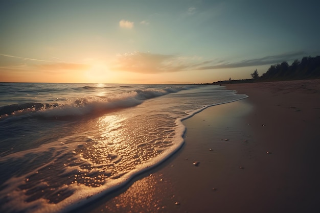 Uma praia com pôr do sol ao fundo