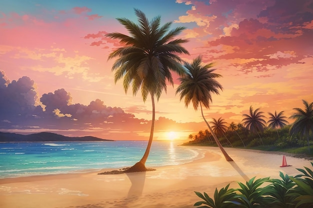 Uma praia com pôr do sol e palmeiras